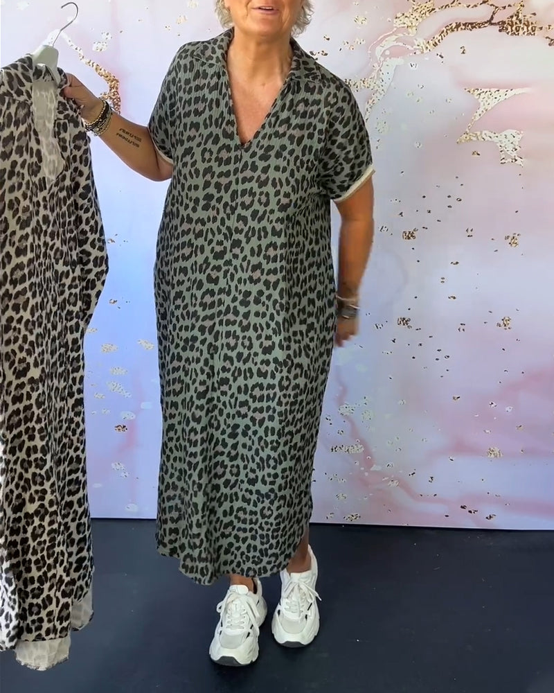 Lia™ Vestido de manga curta com decote em V e estampado de leopardo