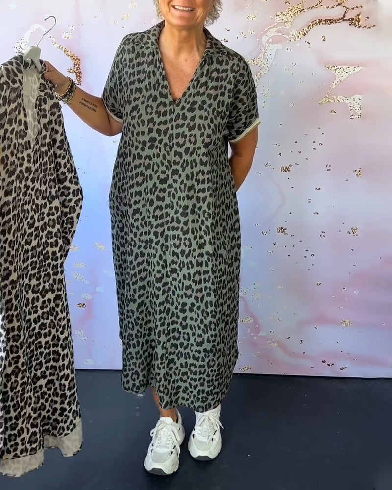 Lia™ Vestido de manga curta com decote em V e estampado de leopardo