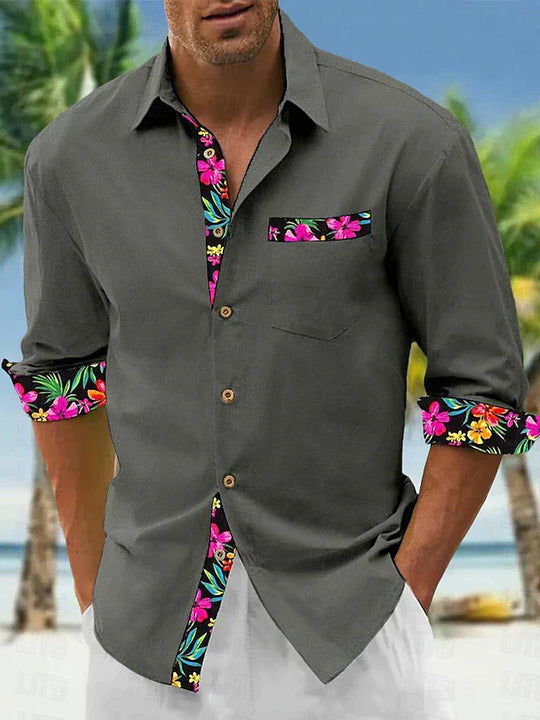 Camisa masculina de linho floral manga longa com lapela