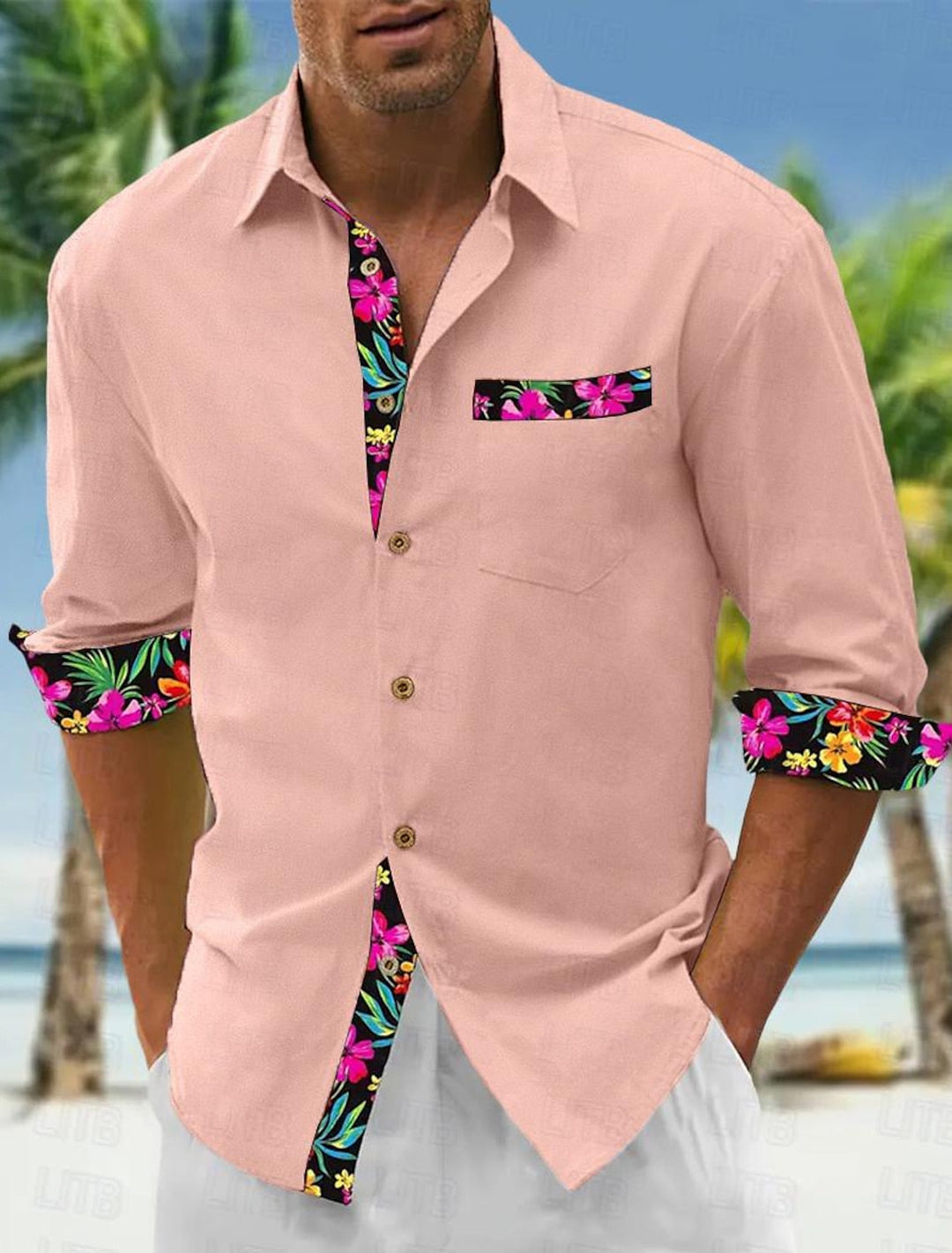 Camisa masculina de linho floral manga longa com lapela