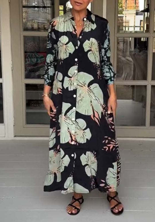 Vestido maxi casual com estampa floral, lapelas e botões