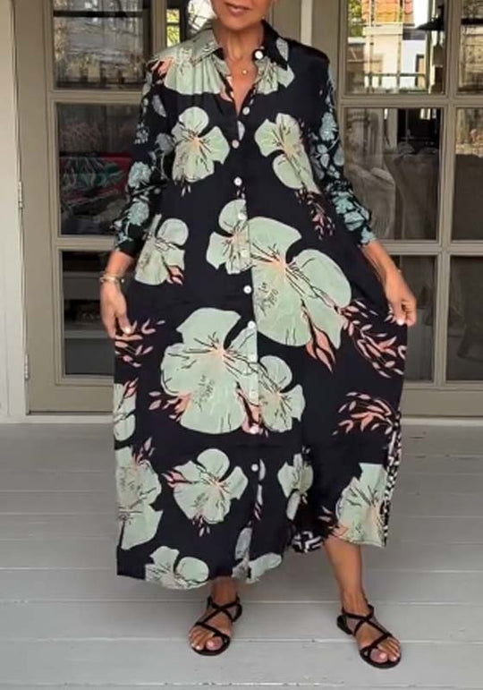 Vestido maxi casual com estampa floral, lapelas e botões