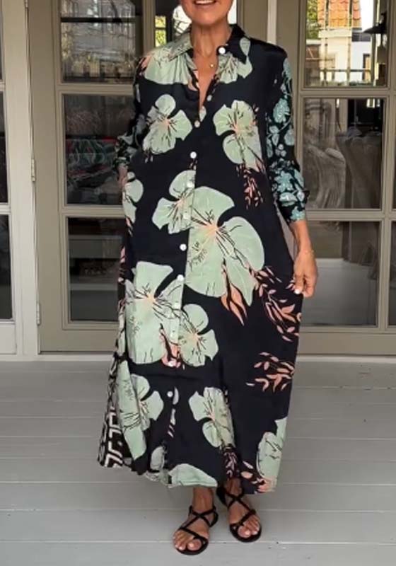 Vestido maxi casual com estampa floral, lapelas e botões