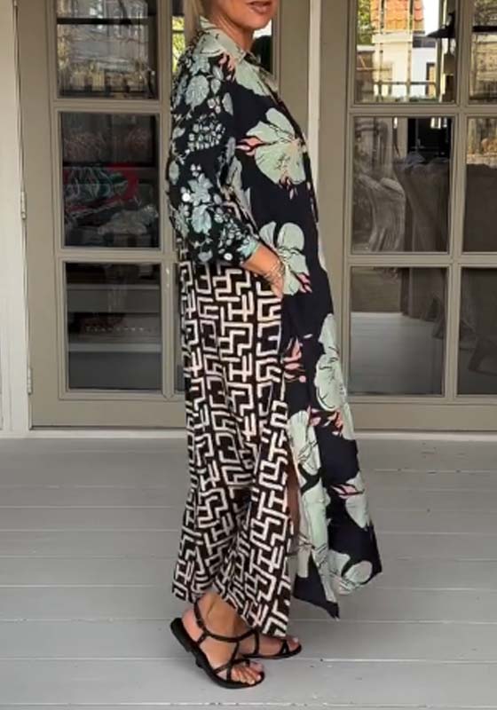 Vestido maxi casual com estampa floral, lapelas e botões