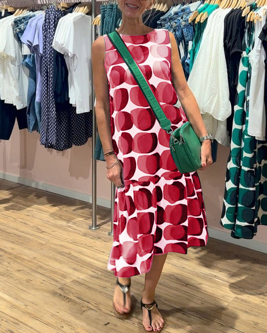 Vestido estampado sem mangas com decote redondo