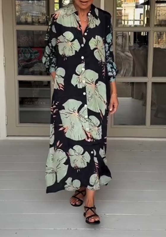 Vestido maxi casual com estampa floral, lapelas e botões