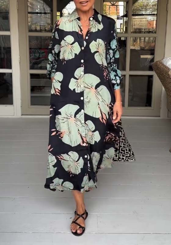 Vestido maxi casual com estampa floral, lapelas e botões