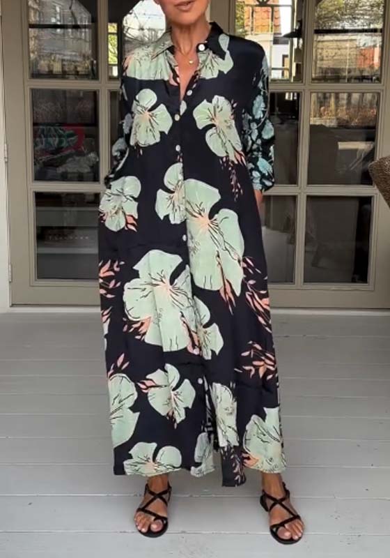 Vestido maxi casual com estampa floral, lapelas e botões