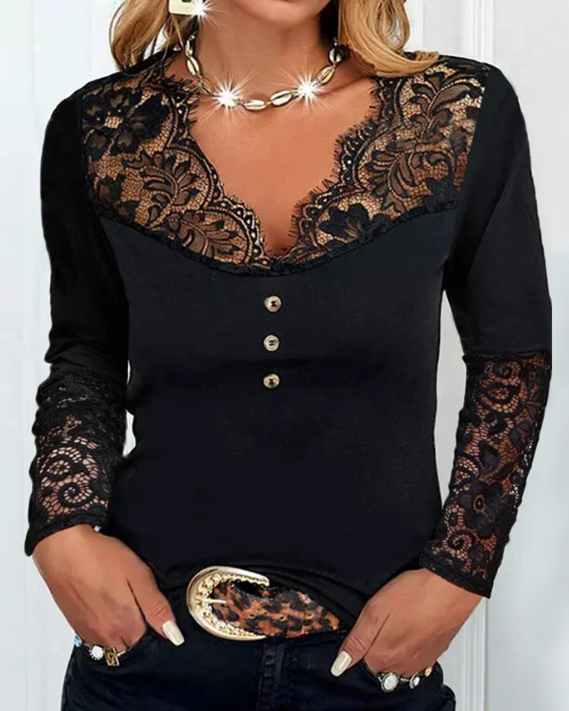 Elise Lace™ Top de manga comprida com decote em V e renda