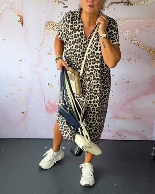 Lia™ Vestido de manga curta com decote em V e estampado de leopardo