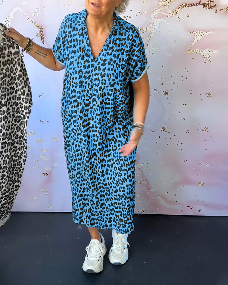 Lia™ Vestido de manga curta com decote em V e estampado de leopardo