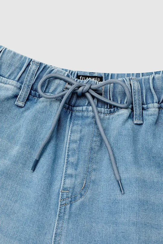 Jeans de perna reta com cintura alta e cordão na cintura