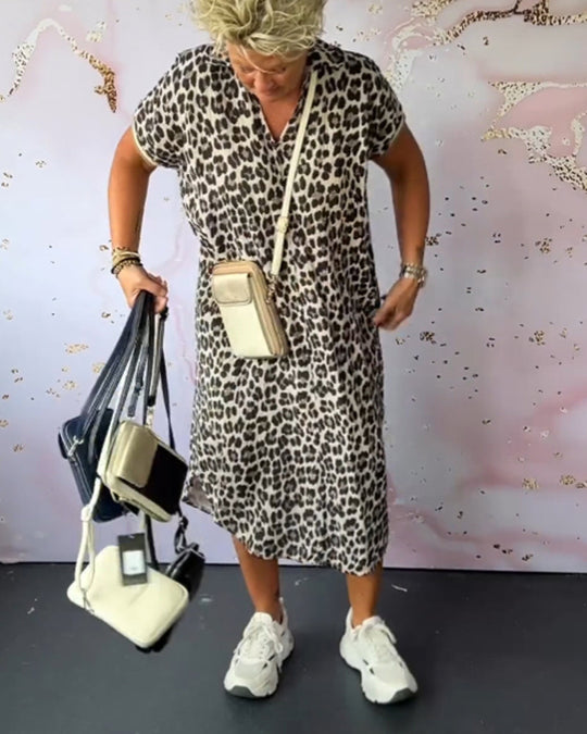 Lia™ Vestido de manga curta com decote em V e estampado de leopardo