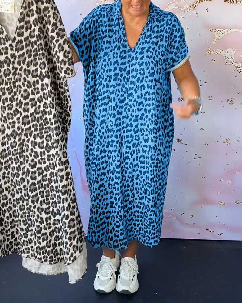 Lia™ Vestido de manga curta com decote em V e estampado de leopardo