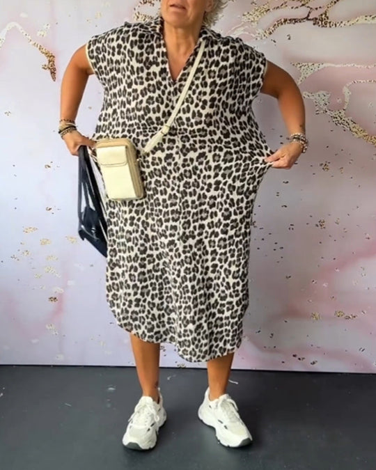 Lia™ Vestido de manga curta com decote em V e estampado de leopardo