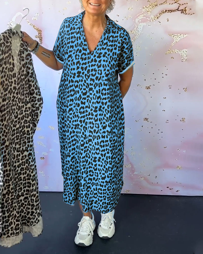 Lia™ Vestido de manga curta com decote em V e estampado de leopardo