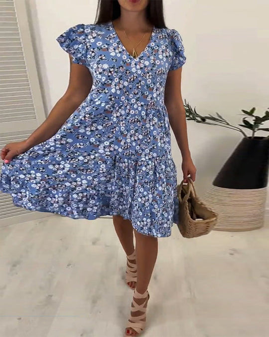 Vestido midi floral sem mangas com decote em V