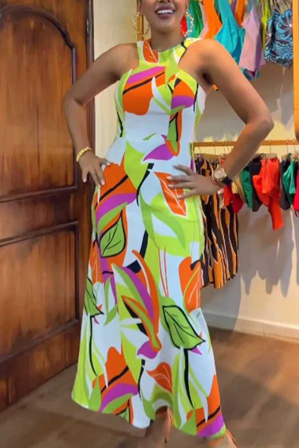 Vestido elegante com decote estampado de primavera