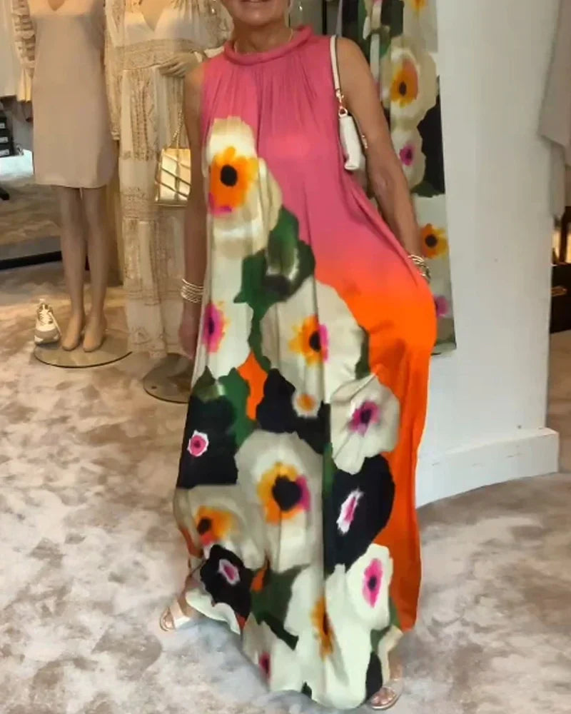 Vestido maxi casual sem mangas com estampa floral