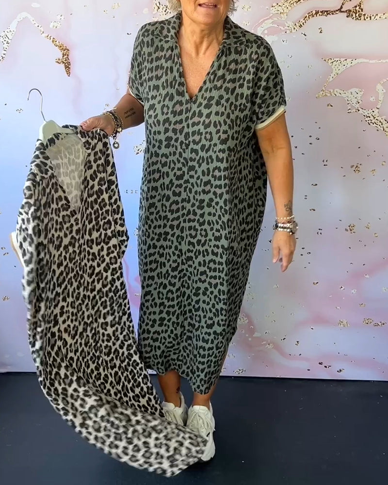 Lia™ Vestido de manga curta com decote em V e estampado de leopardo