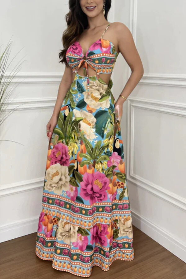 Vestido maxi de férias estilo tropical do México com cordão