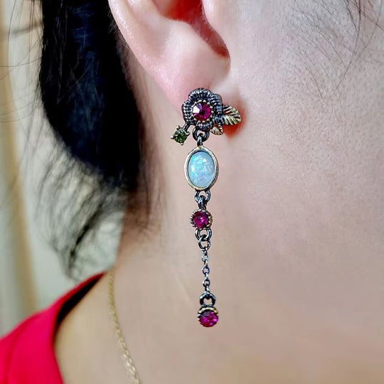 Brincos Boho com opala e zircónias vermelhas