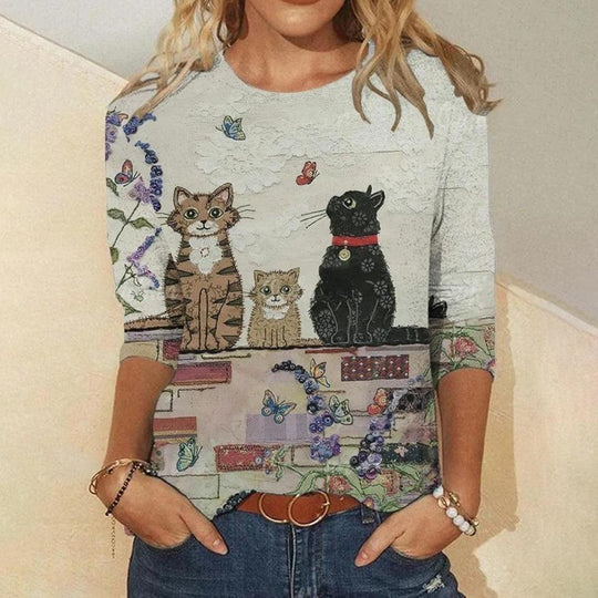 Stina™ T-Shirt com estampado de gato