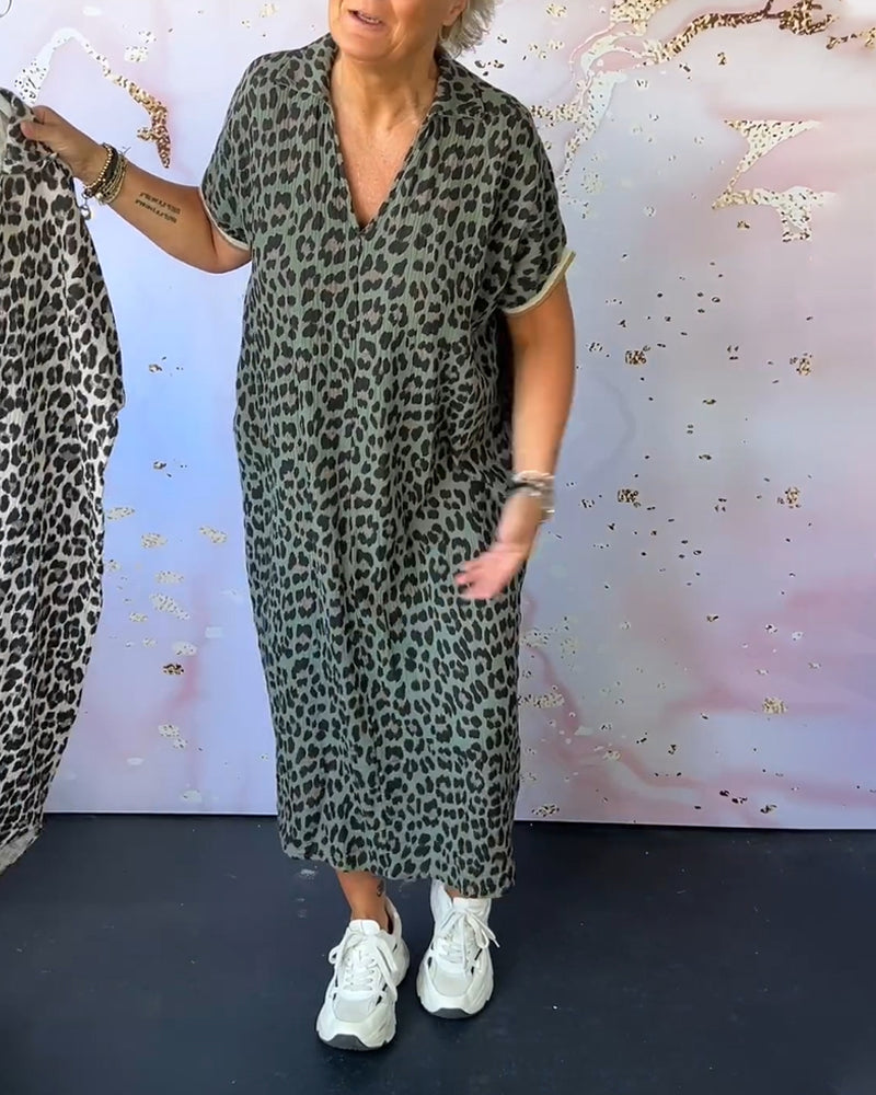 Lia™ Vestido de manga curta com decote em V e estampado de leopardo