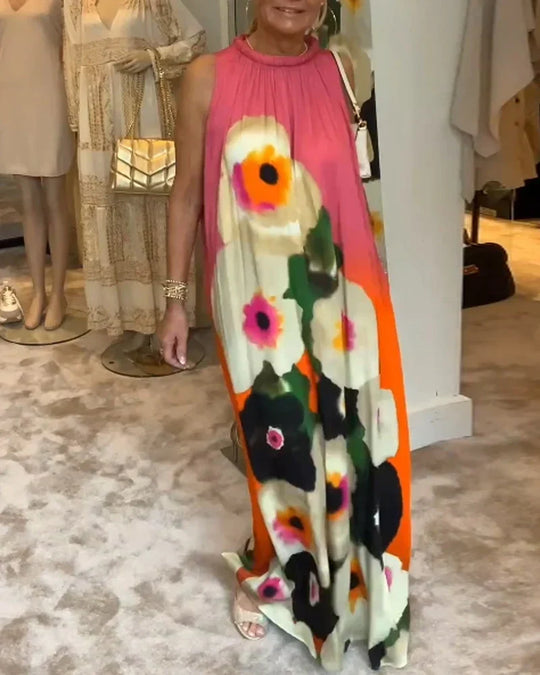 Vestido maxi casual sem mangas com estampa floral