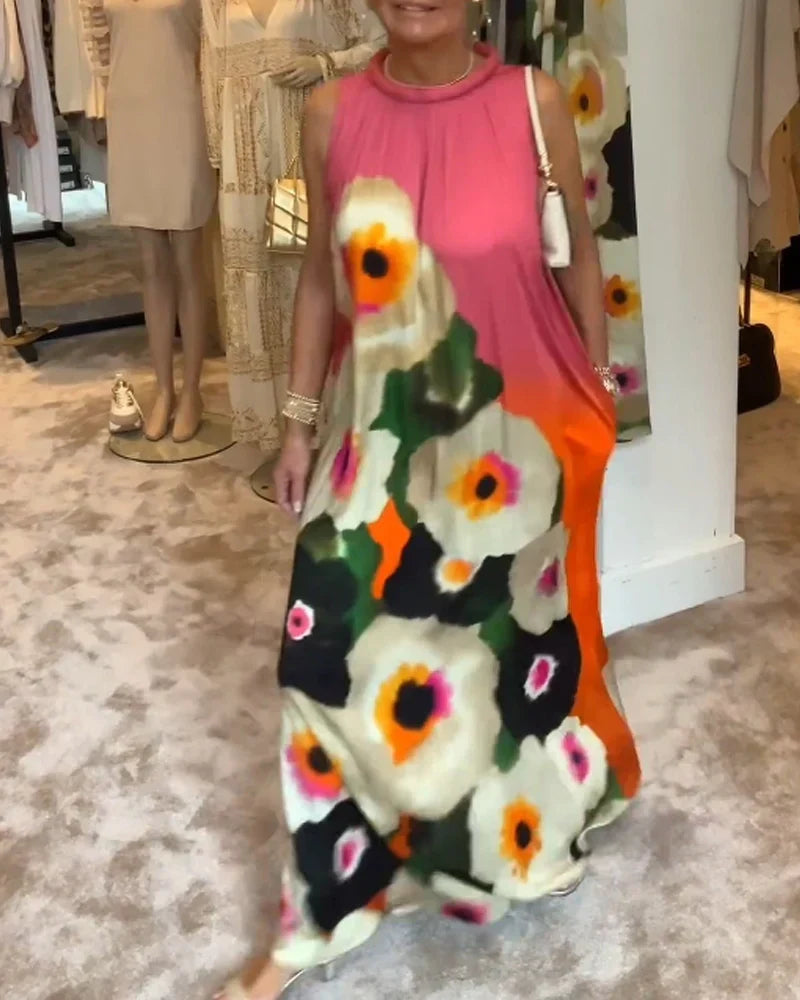 Vestido maxi casual sem mangas com estampa floral