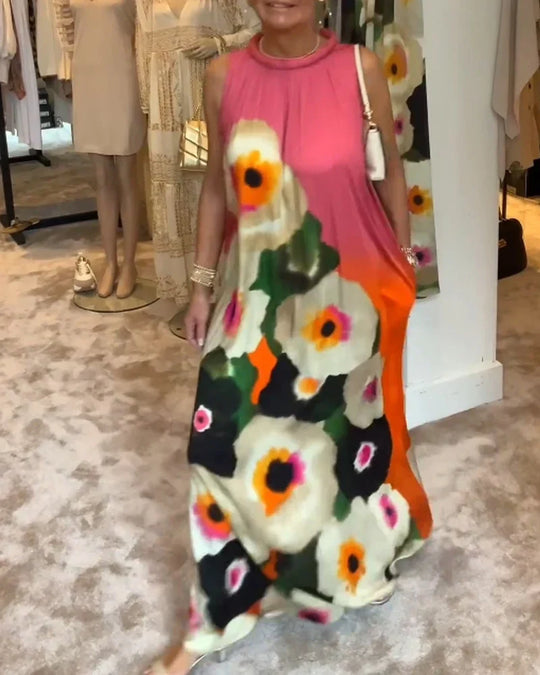 Vestido maxi casual sem mangas com estampa floral