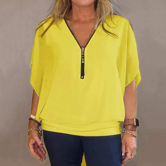 Luana™ Top casual feminino com fecho de correr e gola redonda